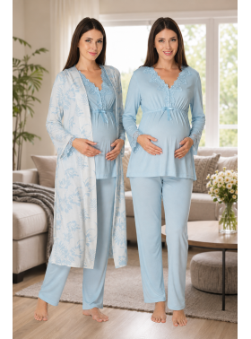 Effortt 8094 Mavi Lohusa Hamile Pijama Takım Sabahlık